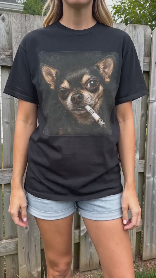 Tough Side-Eye Chihuahua T-Shirt — Distressed Photo Realistic ’Paws Cause Cancer’ Design